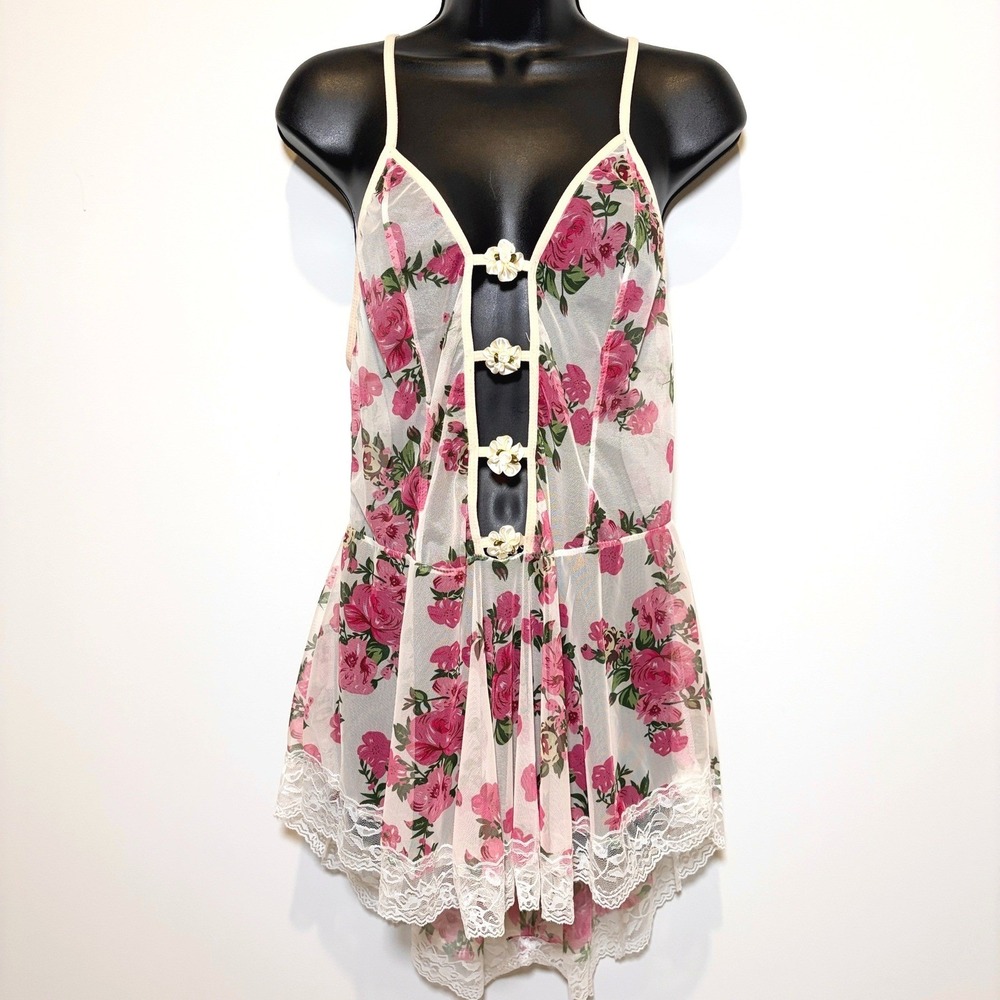 Babydoll Top Floral Mesh Lace Trim Cream Pink Small Coquette Pink Floral